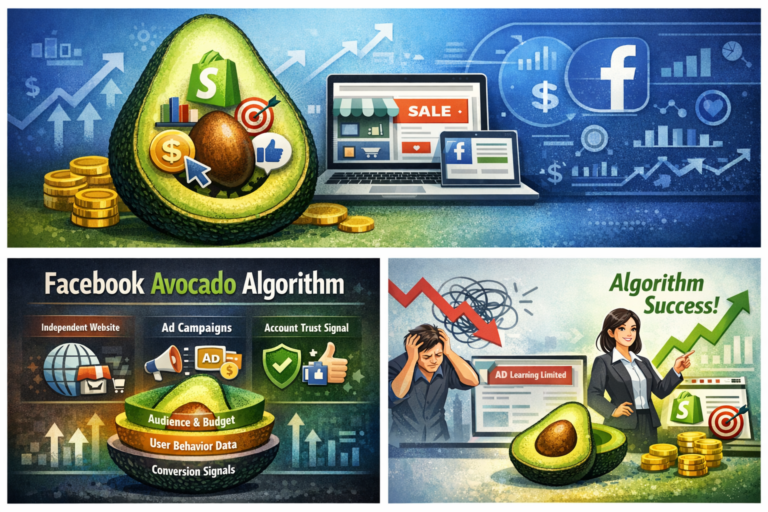 Facebook鳄梨算法示意图，展示广告账户、转化信号及独立网站架构