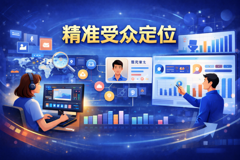 GNADS精准受众定位服务特色图，展示团队利用大数据和可视化图表进行用户画像分析，突出多维度用户标签、行为兴趣定向和相似人群扩展，体现精准广告投放与数据驱动优化