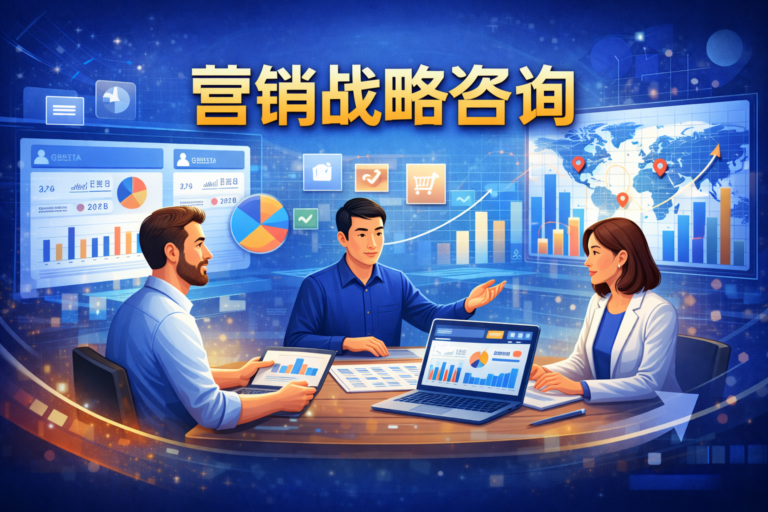 GNADS营销战略咨询特色图，展示团队进行市场进入策略、竞品分析与定制化解决方案讨论，屏幕显示可视化图表和数据报表，体现数据驱动的全球营销策略与专业咨询服务