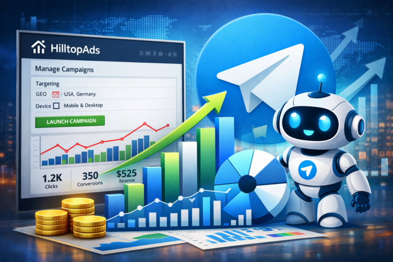 HilltopAds 推广 Telegram 频道与机器人示意图，展示广告活动仪表盘、数据分析图表、Telegram 图标和机器人形象，突出流量增长与精准投放