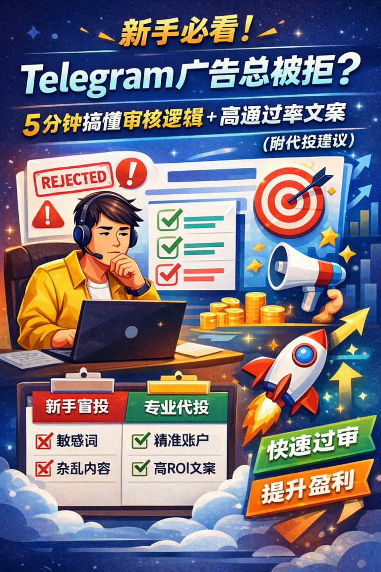 Telegram广告审核教学插画，展示广告被拒原因、审核逻辑与高通过率文案优化策略