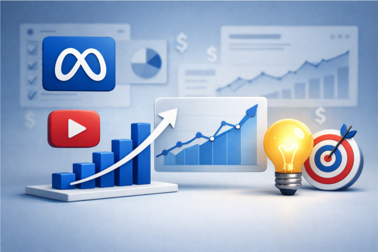 Facebook广告优化实战指南特色图片:展示2026年Meta广告ROI提升趋势、UGC视频素材图标、AI自动化投放及精准受众定向的核心视觉元素。
