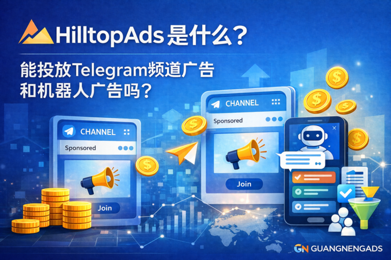 HilltopAds广告平台介绍图,支持Telegram频道广告与机器人广告投放示意,包含频道Sponsored广告和Bot推广场景