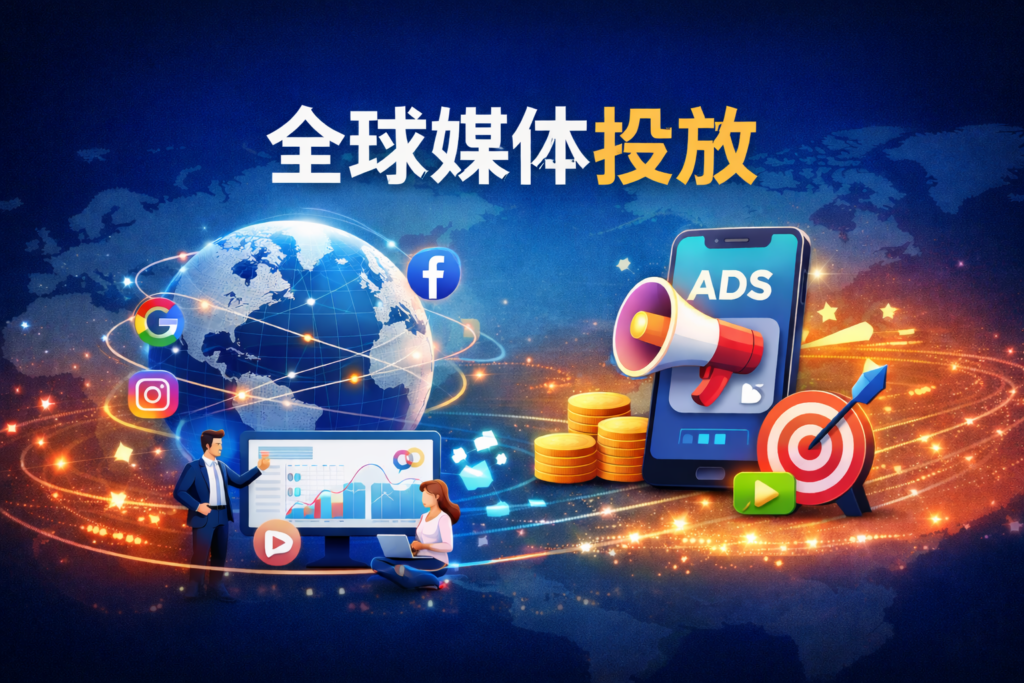 全球媒体投放示意图，展示跨境广告、多平台投放（Google, Facebook, Instagram, TikTok）、数据分析与广告优化，科技感、专业风格。