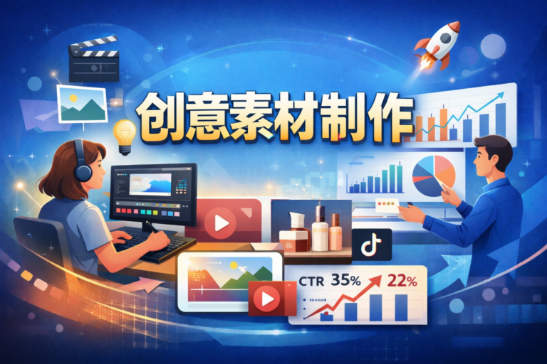 创意素材制作团队正在设计高转化广告素材，展示图片和视频创意方案，适用于网站服务页