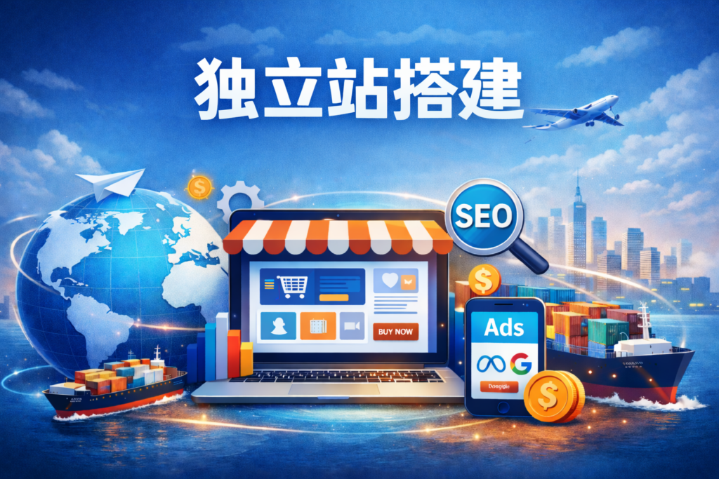 独立站搭建 - GuangNeng Ads 一站式出海建站概念图，展示蓝色科技风格背景下的笔记本电脑和手机界面，全球物流和电商元素，突出跨境电商、SEO优化和广告投放的独立站搭建服务。