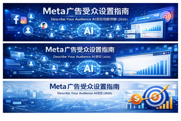 通过插图展示 Meta 广告的受众定位，利用 AI ‘描述你的受众’功能，展示基于数据的社交媒体广告投放策略。