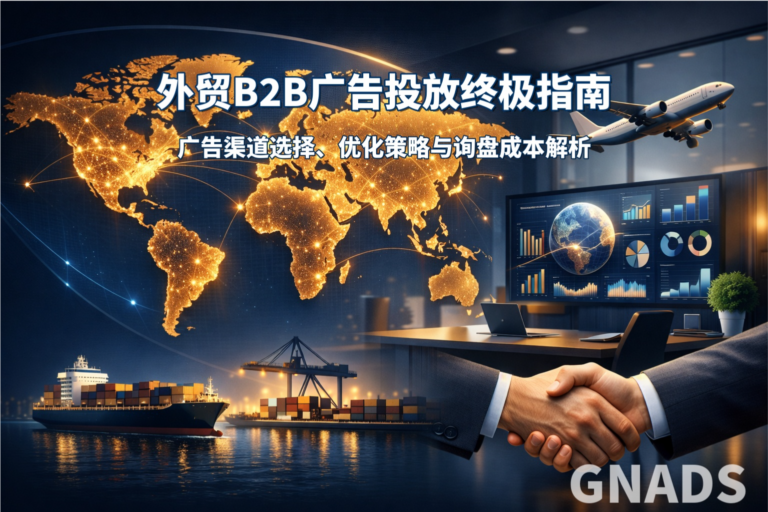 外贸B2B广告投放终极指南，包含广告渠道选择、优化策略与询盘成本解析，带有 GNADS 水印的专业特色图