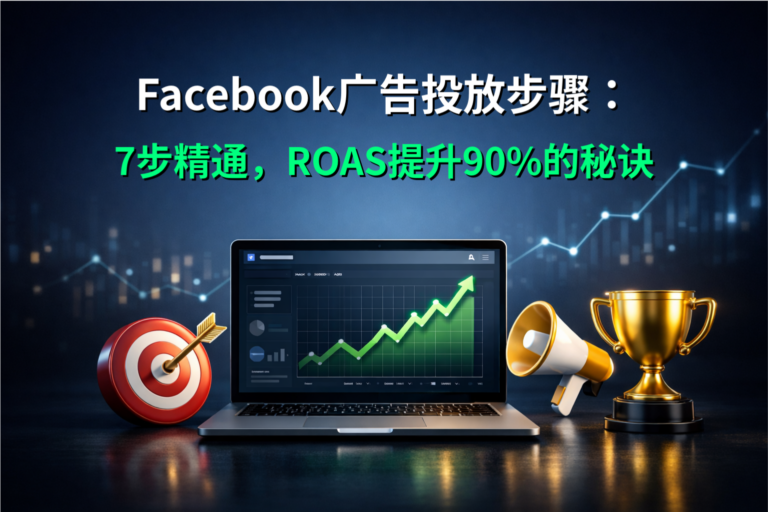 一张专业的 Facebook 广告投放文章特色图片，背景为深蓝色科技感风格，包含笔记本电脑显示的增长图表、目标靶心、扩音器和奖杯图标。顶部有清晰的白色和绿色中文标题：“Facebook 广告投放步骤：7 步精通，ROAS 提升 90% 的秘诀”。