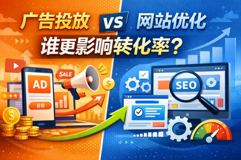 左侧橙色背景展示广告投放元素，包括手机广告、扬声器、销售标识和硬币图标；右侧蓝色背景展示网站优化元素，包括电脑屏幕、SEO搜索放大镜、齿轮和数据分析图表；中间有“广告投放 VS 网站优化 谁更影响转化率？”中文标题，象征流量和转化率提升。