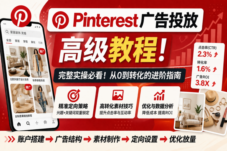 Pinterest广告投放高级教程横幅图，展示广告结构、素材优化与转化数据提升策略