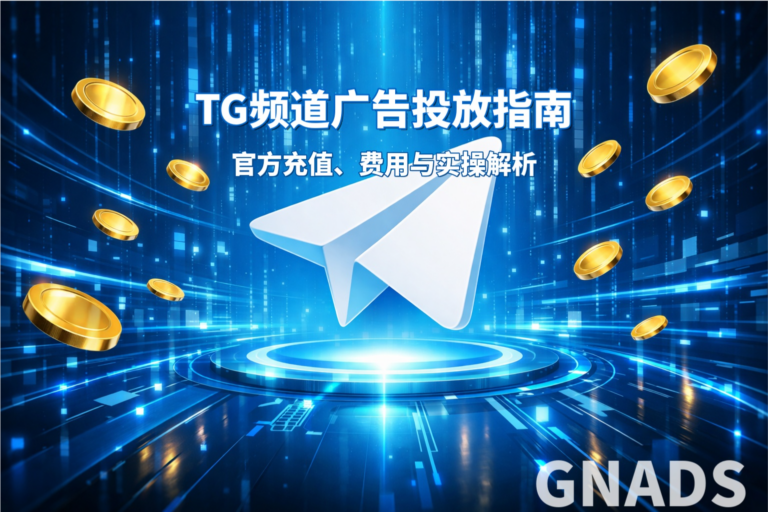 TG频道广告投放指南，包含官方充值、费用与实操解析，全中文界面且带有 GNADS 水印的 TG 广告营销特色图