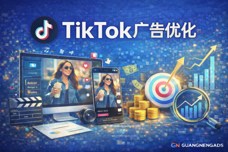 TikTok广告优化策略示意图，包括素材优化、受众定向与ROI增长