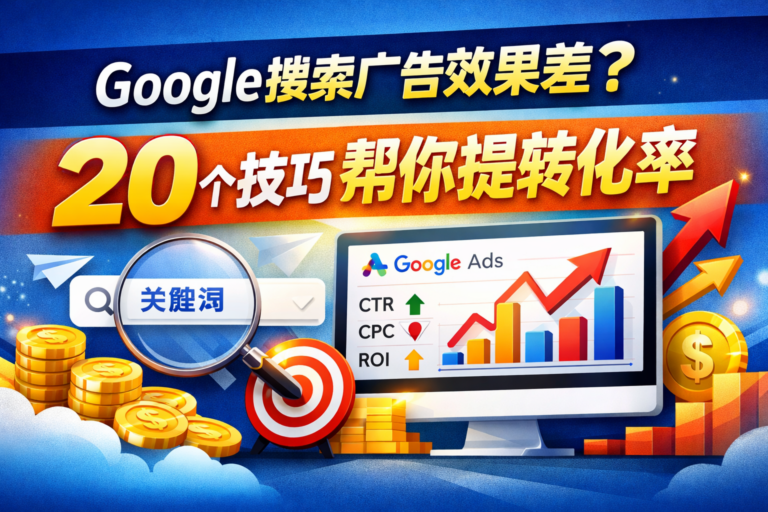 Google搜索广告优化横幅图，展示20个提升转化率的技巧，包括关键词、CTR、CPC和ROI指标