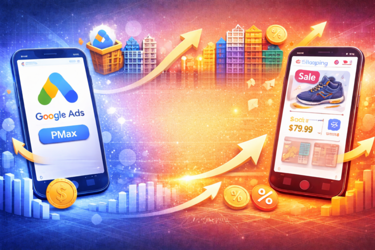 Google PMax广告与Google购物广告的对比，展示两种广告形式如何通过数据驱动和高效投放最大化转化率，提升广告效果。