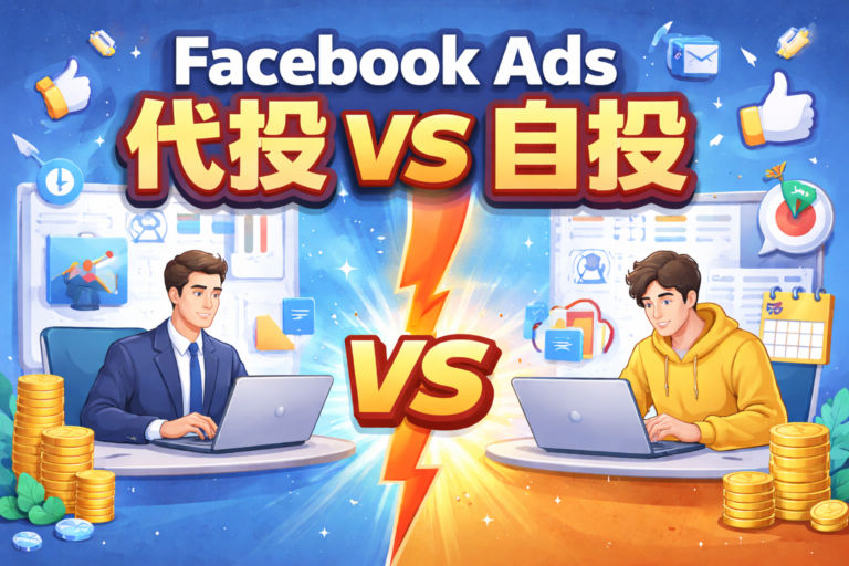 Facebook广告代投与自投对比，展示了专业人士与年轻人分别代表代投和自投广告管理的方式，图中包含了蓝色背景、计算机、图表和金钱元素，突出代投与自投的区别。