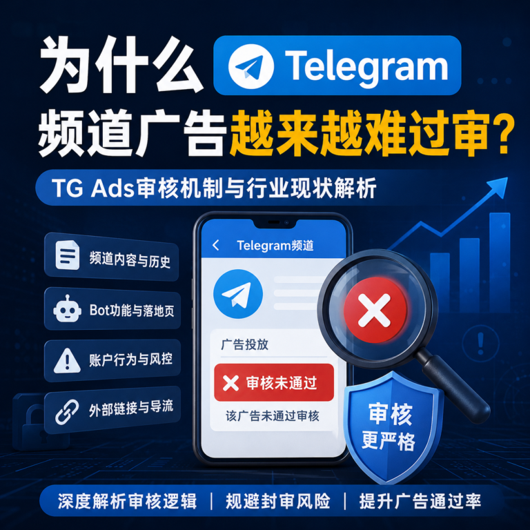 Telegram Ads审核机制解析，展示TG频道广告、Bot广告、账户风控与广告拒审原因的中文特色图片