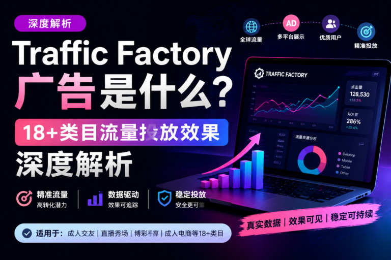 Traffic Factory广告介绍横幅，展示18+类目流量投放效果、精准流量和数据分析可视化图表，适合广告优化使用