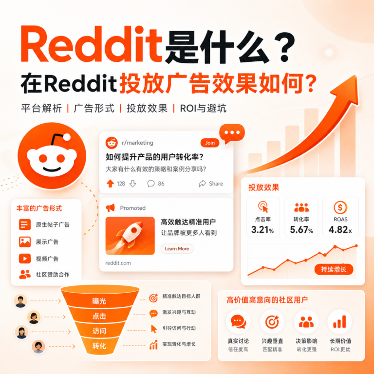 Reddit是什么以及在Reddit投放广告效果如何的中文信息图，展示Reddit广告形式、投放效果、ROI增长和社区用户价值分析。