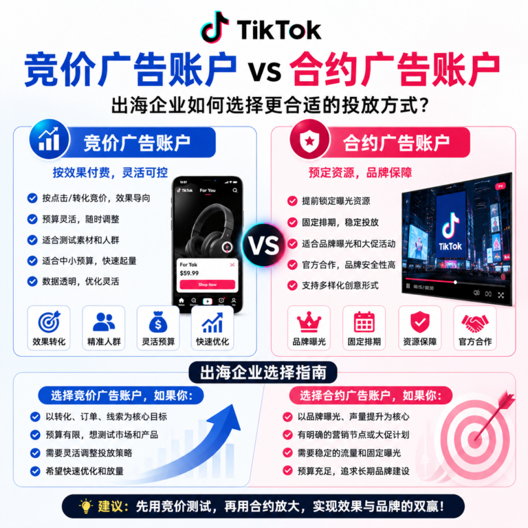 TikTok竞价广告账户与合约广告账户对比图，展示出海企业如何根据转化目标、预算灵活度、品牌曝光和投放阶段选择合适广告账户