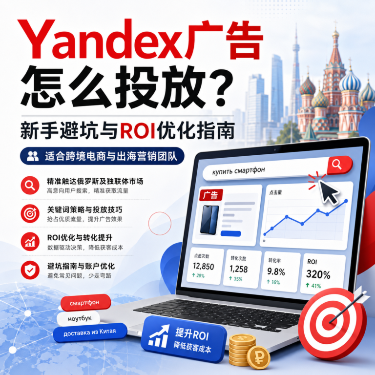 Yandex广告投放指南配图，展示搜索广告、ROI优化、转化数据看板和跨境营销场景