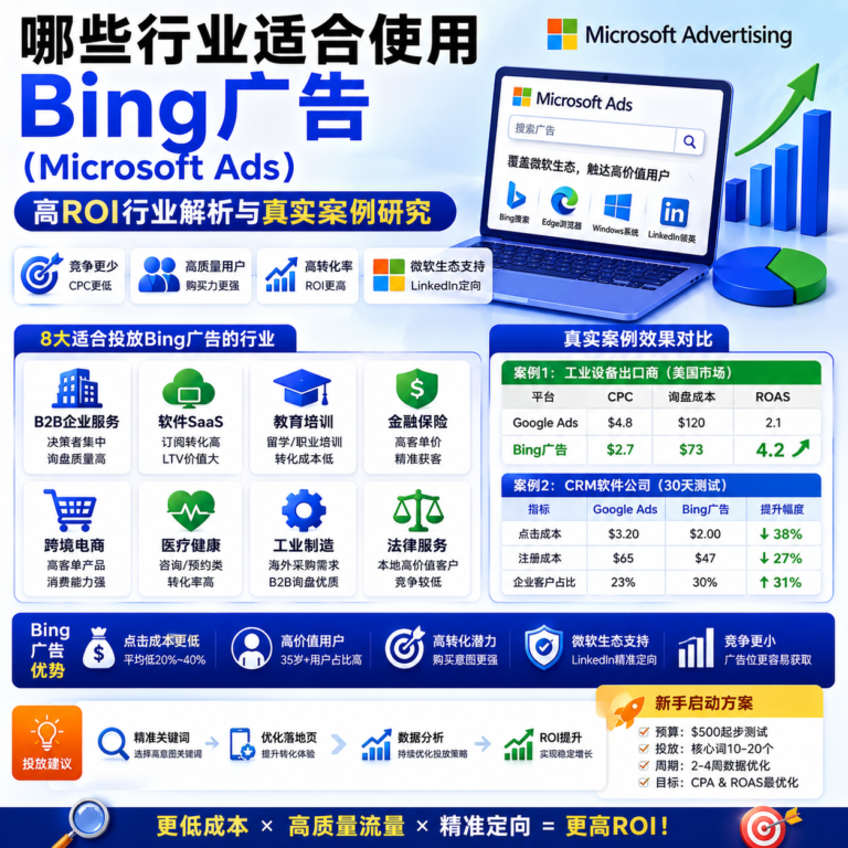 Bing广告（Microsoft Ads）适合行业分析，包括B2B企业服务、SaaS软件、教育培训、金融保险、跨境电商等高转化行业案例对比图