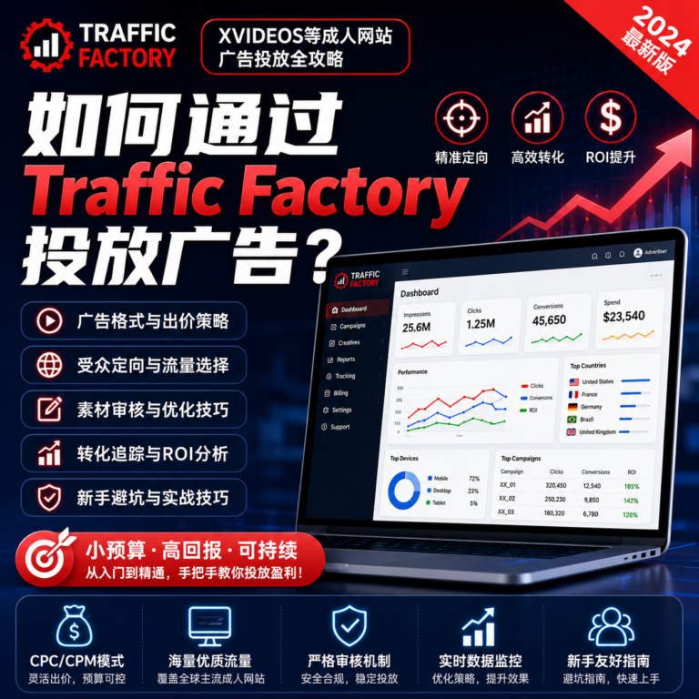 Traffic Factory成人网站广告投放教程特色图,展示广告格式、CPC和CPM出价策略、受众定向、素材审核、转化追踪与ROI分析流程