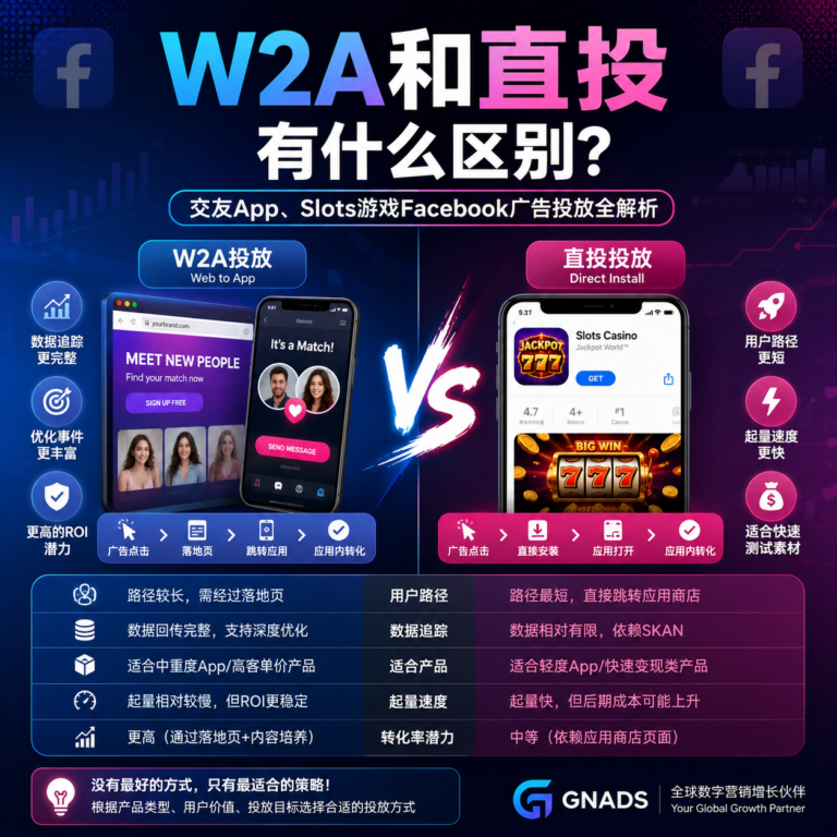 W2A与直投(Direct App Install)区别示意图,详细对比交友App、Slots游戏Facebook广告投放流程、Pixel数据追踪、SDK归因及最佳投放模式。