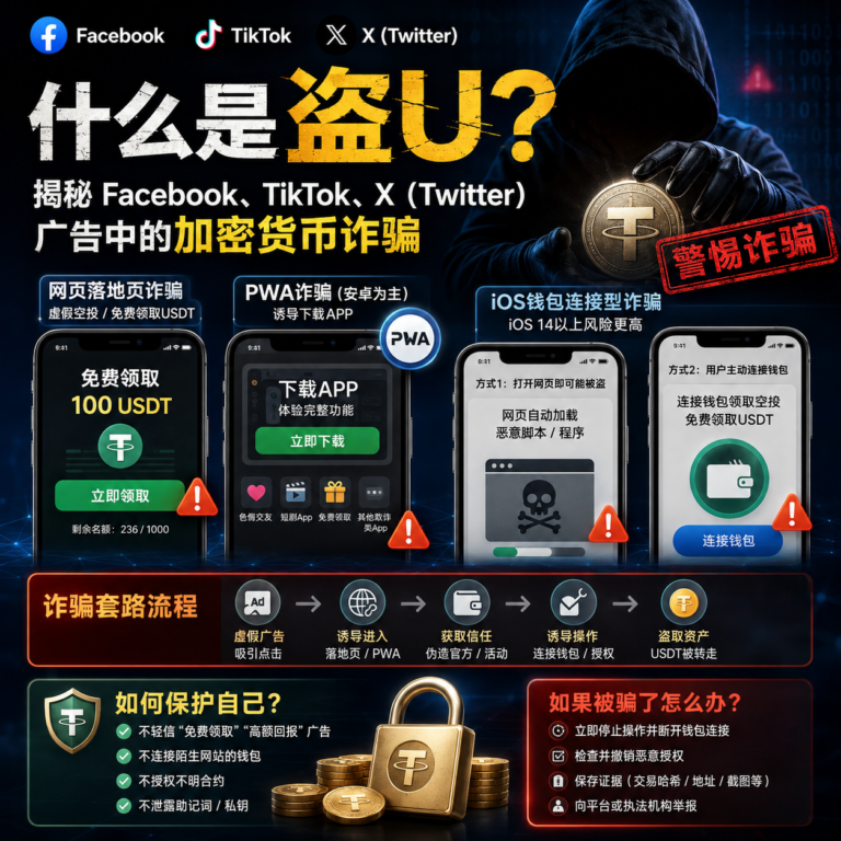 什么是盗U?揭秘Facebook、TikTok、X广告中的加密货币诈骗