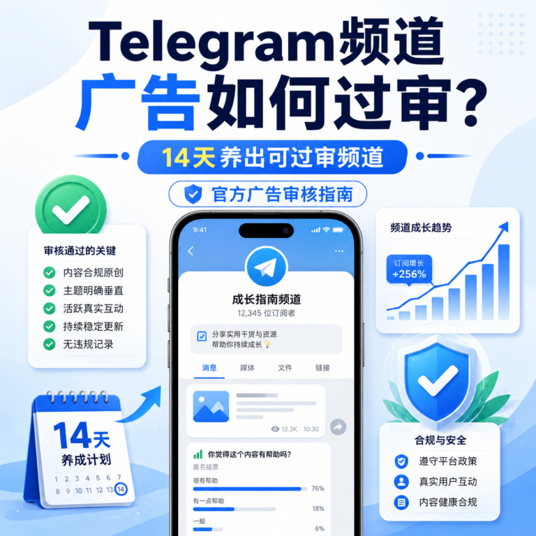 Telegram频道广告审核指南,介绍如何通过14天内容养成、频道合规设置和持续更新提高官方广告过审率