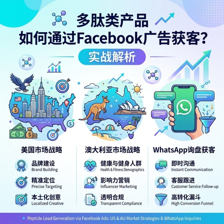 多肽类产品通过 Facebook 广告在美澳市场获客实战图解，包含精准定向、创意广告策略与 WhatsApp 询盘转化路径。