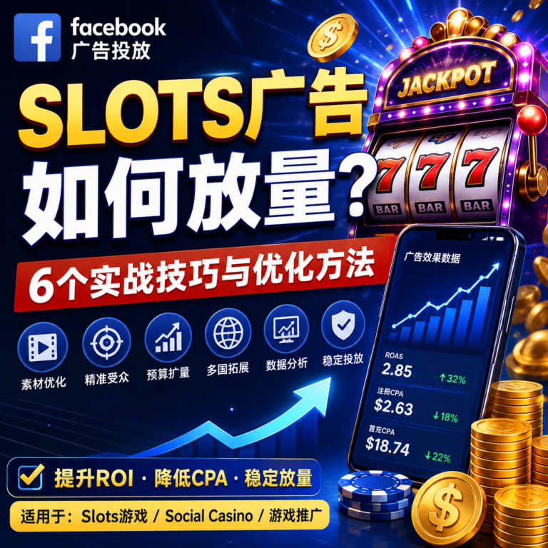 Facebook Slots广告放量技巧与优化方法，涵盖素材优化、预算扩量、数据分析和ROAS提升