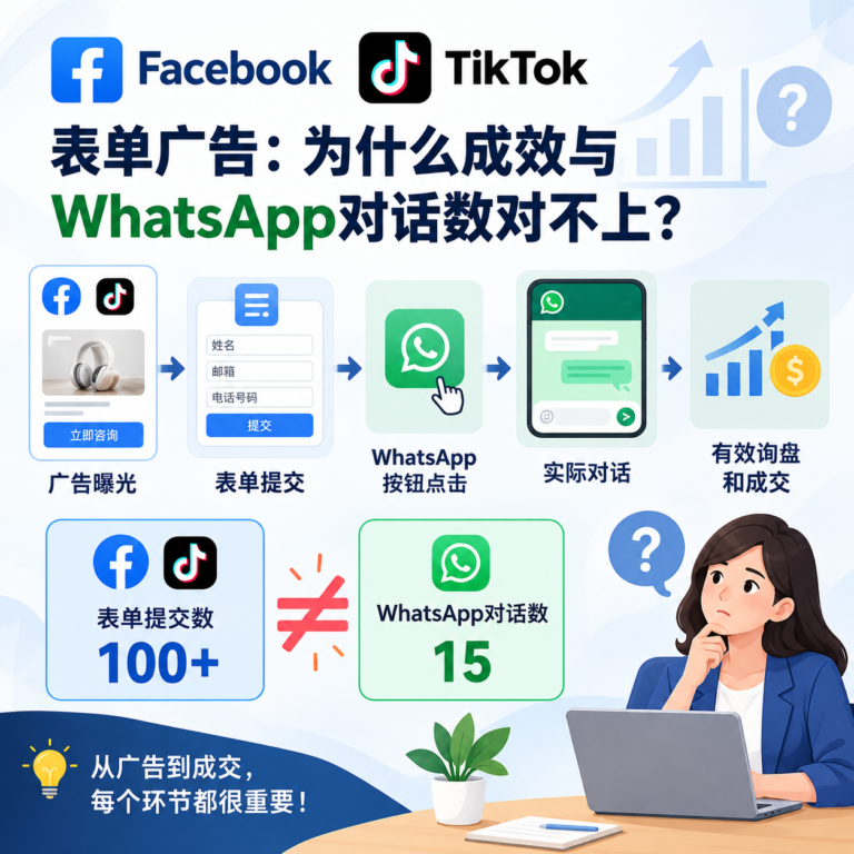 Facebook和TikTok表单广告提交数量与WhatsApp实际对话数差异分析，展示从广告曝光、表单提交、WhatsApp点击到有效询盘和成交的转化流程。