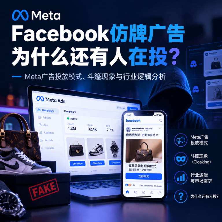 Facebook仿牌广告投放分析，展示Meta广告后台、仿牌商品、斗篷（Cloaking）现象及仿牌广告行业市场需求与投放逻辑。