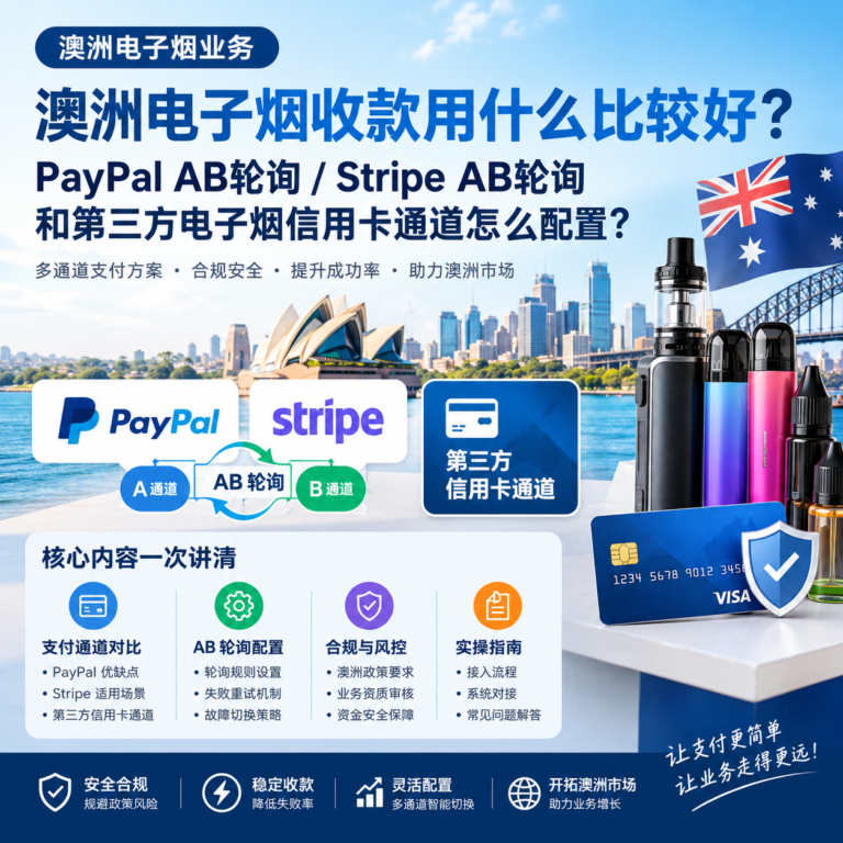 澳洲电子烟收款方案对比，涵盖 PayPal、Stripe、第三方信用卡支付通道及 AB 支付轮询配置、合规要求与风险控制。